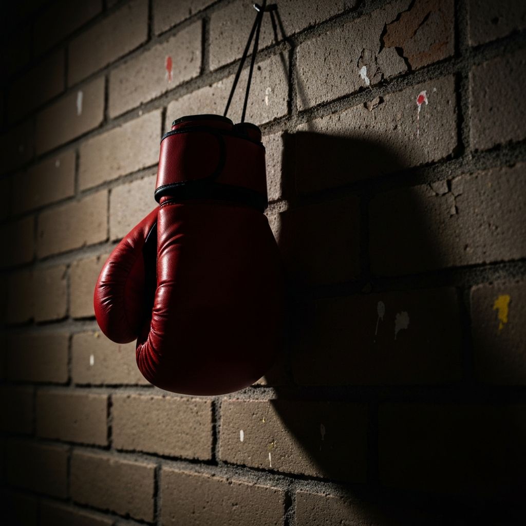 Red boxing gloves hanging in the FYD Fight Club gym